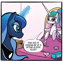 Size: 742x729 | Tagged: safe, derpibooru import, idw, princess celestia, princess luna, alicorn, spoiler:comic, spoiler:comic98, alternate hairstyle, bed, cropped, cropped comic, crying, image, out of context, png, sad, speech bubble, tissue, tissue box