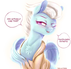 Size: 1342x1300 | Tagged: safe, artist:to_fat_to_fly, ponybooru import, fleetfoot, pegasus, pony, blushing, chest fluff, clothes, dialogue, ear fluff, ears, female, hoodie, image, lidded eyes, mare, one eye closed, open mouth, png, simple background, solo, transparent background, vector, wing hands, wings