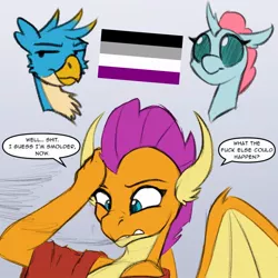 Size: 1024x1024 | Tagged: safe, artist:acesential, gallus, ocellus, smolder, changeling, dragon, gryphon, image, jpeg, post-transformation, pride flag, text, transformation