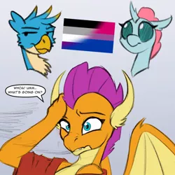 Size: 1024x1024 | Tagged: safe, artist:acesential, gallus, ocellus, smolder, changeling, gryphon, image, jpeg, post-transformation, pride flag, text, transformation