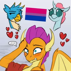 Size: 1024x1024 | Tagged: safe, artist:acesential, gallus, ocellus, smolder, changeling, dragon, gryphon, image, jpeg, pride flag, text, transformation