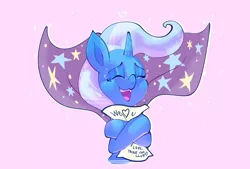 Size: 2390x1617 | Tagged: artist needed, safe, edit, editor:edits of hate, editor:unofficial edits thread, trixie, pony, unicorn, bust, cape, clothes, female, hug, image, mare, paper, pink background, png, self-hugging, simple background, solo, trixie's cape, wholesome