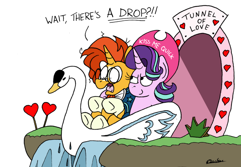 Size: 2254x1566 | Tagged: safe, artist:bobthedalek, derpibooru import, starlight glimmer, sunburst, bird, pony, swan, unicorn, female, hat, heart, image, male, newbie artist training grounds, panicking, png, ride, shipping, smug, starburst, straight, swan boat, tunnel of love