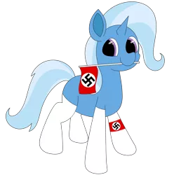 Size: 2498x2521 | Tagged: safe, artist:omegacreeper, edit, editor:anonymous, editor:edits of hate, unauthorized edit, trixie, pony, unicorn, armband, clothes, colored, female, flag, flat colors, image, looking at you, mare, mouth hold, nazi, nazi armband, nazi flag, png, simple background, socks, solo, standing, swastika, three quarter view, transparent background