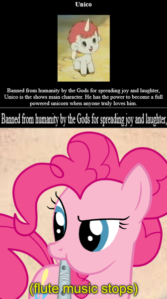 Size: 434x775 | Tagged: safe, derpibooru import, pinkie pie, earth pony, pony, unicorn, swarm of the century, colt, exploitable meme, female, flute, image, jpeg, male, mare, meme, musical instrument, unico