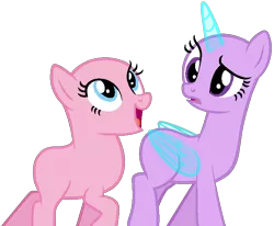 Size: 748x617 | Tagged: safe, artist:shiibases, derpibooru import, oc, unofficial characters only, alicorn, earth pony, pony, alicorn oc, bald, base, confused, duo, duo female, earth pony oc, eyelashes, female, frown, horn, image, looking back, looking up, mare, open mouth, open smile, png, simple background, smiling, transparent background, wings