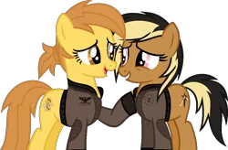 Size: 1082x710 | Tagged: safe, artist:pegasski, artist:twiily-bases, derpibooru import, oc, oc:anna autumn, unofficial characters only, earth pony, pony, base used, clothes, duo, duo female, earth pony oc, eyelashes, female, grin, image, looking at each other, mare, open mouth, open smile, png, raised hoof, simple background, smiling, smiling at each other, transparent background