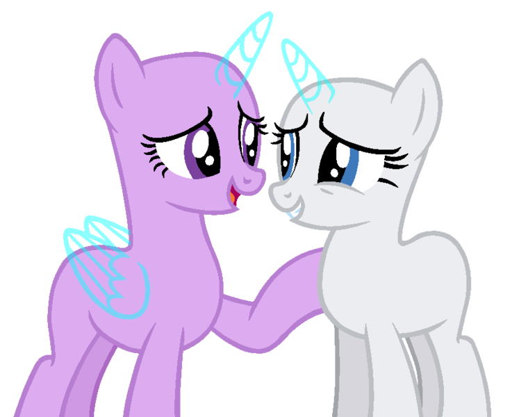 Size: 878x705 | Tagged: safe, artist:shiibases, derpibooru import, oc, unofficial characters only, alicorn, pony, unicorn, alicorn oc, bald, base, duo, duo female, eyelashes, female, grin, horn, image, looking at each other, mare, open mouth, open smile, png, raised hoof, simple background, smiling, smiling at each other, transparent background, unicorn oc, wings