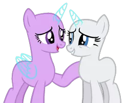 Size: 878x705 | Tagged: safe, artist:shiibases, derpibooru import, oc, unofficial characters only, alicorn, pony, unicorn, alicorn oc, bald, base, duo, duo female, eyelashes, female, grin, horn, image, looking at each other, mare, open mouth, open smile, png, raised hoof, simple background, smiling, smiling at each other, transparent background, unicorn oc, wings