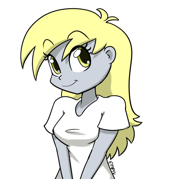 Size: 800x800 | Tagged: safe, artist:empyu, derpibooru import, derpy hooves, equestria girls, bust, clothes, eyebrows, eyebrows visible through hair, female, image, looking at you, png, portrait, shirt, simple background, smiling, smiling at you, solo, t-shirt, underp, white background