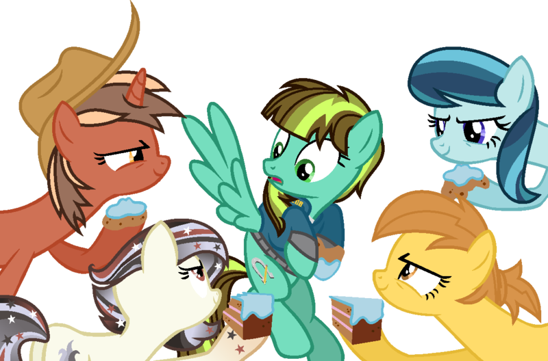 Size: 1218x804 | Tagged: safe, artist:pegasski, derpibooru import, oc, oc:anna autumn, oc:aqua haze, oc:galaxy gleam, oc:softbox, unofficial characters only, earth pony, pegasus, pony, unicorn, fallout equestria, annoyed, base used, clothes, earth pony oc, ethereal mane, eyelashes, female, flying, hat, horn, image, looking back, mare, pegasus oc, png, simple background, starry mane, transparent background, unicorn oc, vault suit, wings
