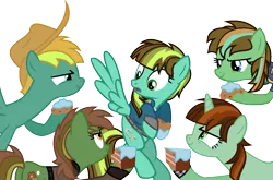 Size: 1218x804 | Tagged: safe, alternate version, artist:pegasski, derpibooru import, oc, oc:aqua haze, unofficial characters only, earth pony, pegasus, pony, unicorn, fallout equestria, annoyed, base used, clothes, earth pony oc, eyelashes, female, flying, hat, hoof hold, horn, image, mare, pegasus oc, png, simple background, transparent background, unicorn oc, vault suit, wings