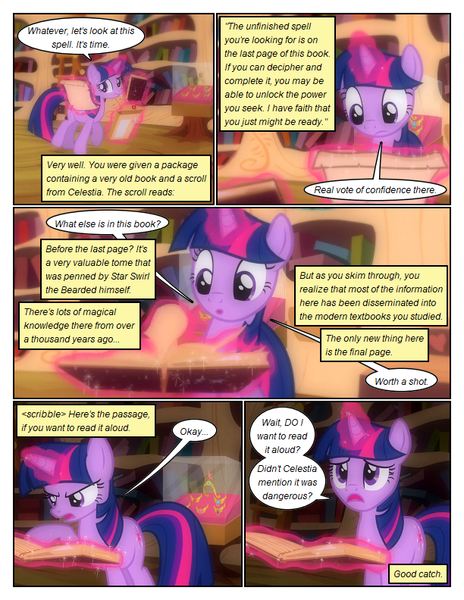 Size: 612x792 | Tagged: safe, artist:newbiespud, derpibooru import, edit, edited screencap, screencap, twilight sparkle, pony, unicorn, comic:friendship is dragons, book, bookcase, comic, dialogue, eyelashes, female, glowing horn, horn, image, indoors, magic, mare, open mouth, png, quill, raised hoof, screencap comic, telekinesis, unicorn twilight