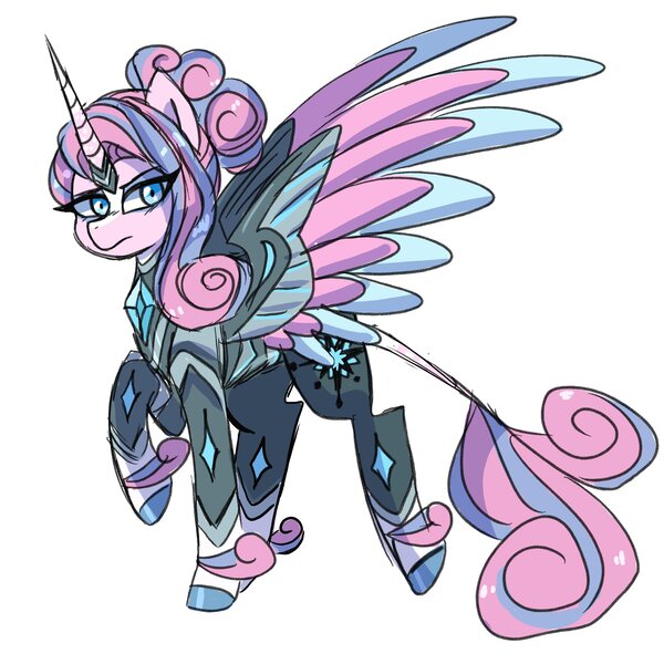 Size: 3000x3000 | Tagged: safe, artist:emera33, derpibooru import, princess flurry heart, alicorn, pony, clothes, evil flurry heart, eyelashes, female, frown, high res, horn, image, jpeg, looking at you, looking back, mare, older, older flurry heart, raised hoof, simple background, solo, white background, wings