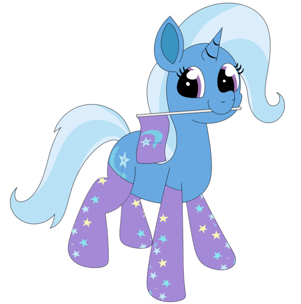 Size: 2498x2521 | Tagged: safe, artist:omegacreeper, edit, editor:edits of hate, editor:unofficial edits thread, unauthorized edit, trixie, pony, unicorn, clothes, colored, cutie mark, female, flag, flat colors, image, looking at you, mare, mouth hold, narcissism, png, simple background, socks, solo, standing, three quarter view, transparent background