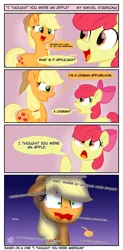 Size: 1000x2040 | Tagged: safe, artist:swivelstarsong, derpibooru import, apple bloom, applejack, earth pony, pony, comic, female, filly, frown, image, jpeg, mare, open mouth, open smile, smiling, speech bubble