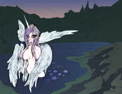 Size: 3300x2550 | Tagged: suggestive, artist:great-5, derpibooru import, oc, oc:valanbé, unofficial characters only, anthro, seraph, unguligrade anthro, unicorn, angel, bathing, big breasts, breasts, bubble, butt, curvy, fart, female, freckles, goddess, high res, hot springs, hourglass figure, image, lake, large butt, light skin, looking at you, multiple wings, nature, png, skinny dipping, smiling, smiling at you, solo, solo female, sunset, wet hair, wings