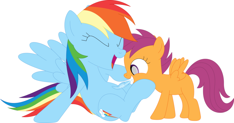 Size: 3586x1895 | Tagged: safe, artist:porygon2z, derpibooru import, rainbow dash, scootaloo, pegasus, pony, cute, cutealoo, dashabetes, duo, duo female, eyes closed, feather, female, grin, high res, image, laughing, open mouth, open smile, png, siblings, simple background, smiling, tickling, transparent background
