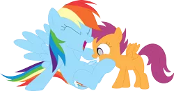 Size: 3586x1895 | Tagged: safe, artist:porygon2z, derpibooru import, rainbow dash, scootaloo, pegasus, pony, cute, cutealoo, dashabetes, duo, duo female, eyes closed, feather, female, grin, high res, image, laughing, open mouth, open smile, png, siblings, simple background, smiling, tickling, transparent background