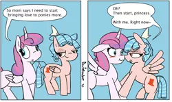 Size: 1817x1080 | Tagged: safe, artist:davierocket, derpibooru import, cozy glow, princess flurry heart, alicorn, pegasus, pony, 2 panel comic, and then sex happened, blushing, comic, cozyheart, female, filly, flirting, flying, image, leg grab, lesbian, lidded eyes, png, shipping, simple background, speech bubble, spread wings, text, wings
