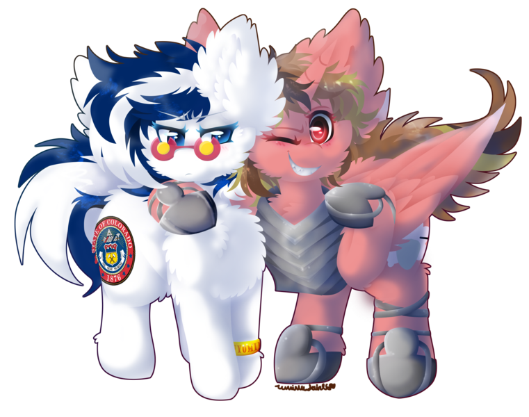 Size: 1954x1541 | Tagged: safe, artist:vanillaswirl6, derpibooru import, oc, oc:colorado, oc:enmity, alicorn, pony, alicorn oc, armor, glasses, horn, image, one eye closed, png, simple background, transparent background, vanillaswirl6's state ponies, wings, wink