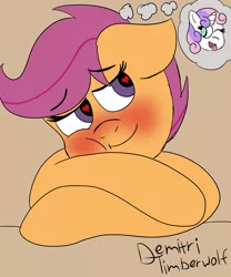 Size: 3000x3600 | Tagged: safe, artist:demitri, derpibooru import, scootaloo, sweetie belle, pegasus, pony, unicorn, blushing, crushing, eyebrows, eyebrows visible through hair, female, floppy ears, heart eyes, high res, image, jpeg, lesbian, newbie artist training grounds, one eye closed, open mouth, open smile, scootabelle, shipping, smiling, thought bubble, tongue out, wingding eyes, wink