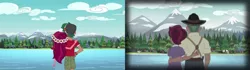 Size: 2560x720 | Tagged: safe, derpibooru import, edit, screencap, dove (character), gloriosa daisy, old spice (character), timber spruce, cloud, comparison, flashback, forest, image, lake, mountain, png, tree