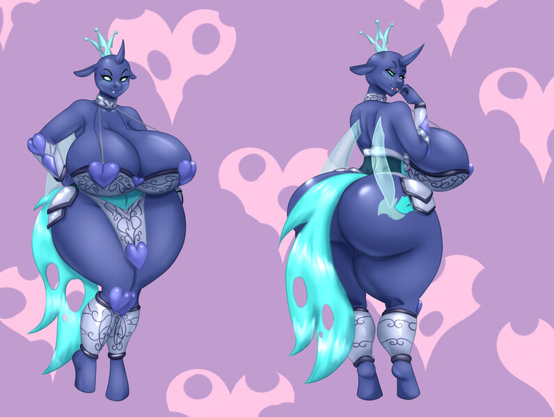 Size: 1280x965 | Tagged: suggestive, artist:blues64, artist:marauder6272, derpibooru import, oc, oc:sektiss, unofficial characters only, anthro, changeling, unguligrade anthro, ass, balls, bedroom eyes, big balls, big breasts, bikini, blue changeling, blushing, breasts, butt, changeling oc, clothes, commission, crown, digital art, eyes closed, fangs, female, floppy ears, hand on hip, holes, huge breasts, image, jewelry, jpeg, large butt, looking at you, looking back, looking back at you, micro bikini, nudity, rear view, regalia, solo, solo female, swimsuit, tail, thighs, thunder thighs, wide hips, wide load, wings
