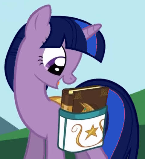 Size: 485x530 | Tagged: safe, derpibooru import, edit, edited screencap, screencap, twilight sparkle, twilight twinkle, pony, unicorn, friendship is magic, bag, book, book of harmony, cropped, image, jpeg, looking down, saddle bag, show bible, smiling, solo, stars, unicorn twilight