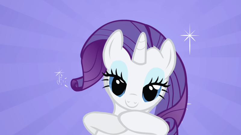 Size: 1920x1080 | Tagged: safe, derpibooru import, rarity, pony, unicorn, friendship is magic, season 1, blue eyes, female, gray fur, hands together, image, looking at you, mare, png, purple mane, smiling, solo, stars