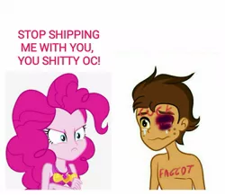 Size: 1275x1107 | Tagged: semi-grimdark, edit, pinkie pie, oc, oc:copper plume, equestria girls, abuse, abuse edit, black eye, image, jpeg, op is a cuck, op is trying too hard, sad, simple background, vulgar, white background