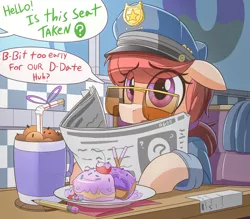 Size: 2290x2010 | Tagged: safe, artist:nignogs, derpibooru import, oc, oc:anon, oc:rough cuff, unofficial characters only, earth pony, human, pony, /mlp/, 4chan, bendy straw, cherry, dialogue, diner, donut, donut shop, drinking straw, ears, eye clipping through hair, female, floppy ears, food, image, mare, newspaper, offscreen character, pencil, png, police, police officer, police pony, police uniform, purple eyes, reading, reversed gender roles equestria, reversed gender roles equestria general, solo focus, straw, stuttering, sunglasses