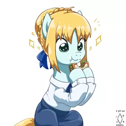 Size: 2000x2000 | Tagged: safe, artist:digiral, derpibooru import, ponified, earth pony, pony, artoria pendragon, eating, fate/stay night, female, food, heart eyes, high res, image, mare, png, saber, sandwich, simple background, solo, weapon, white background, wingding eyes