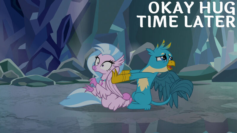 Size: 1280x720 | Tagged: safe, derpibooru import, edit, edited screencap, editor:quoterific, screencap, gallus, silverstream, gryphon, hippogriff, season 8, what lies beneath, spoiler:s08, duo, female, image, jpeg, male, open mouth, wide eyes