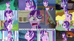Size: 1280x722 | Tagged: safe, derpibooru import, edit, edited screencap, editor:quoterific, screencap, starlight glimmer, changeling, pony, unicorn, a hearth's warming tail, all bottled up, every little thing she does, marks for effort, no second prances, road to friendship, school raze, season 6, season 7, season 8, season 9, the beginning of the end, the crystalling, the times they are a changeling, to where and back again, uncommon bond, spoiler:s08, spoiler:s09, faic, female, image, lip bite, mare, open mouth, png, scared, shocked, shocked expression, solo, stairs, twilight's castle, wet hair, wide eyes