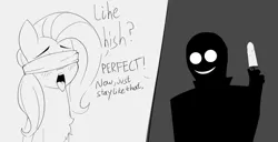 Size: 1211x621 | Tagged: suggestive, artist:owlnon, derpibooru import, fluttershy, anonymous, blindfold, blushing, creepy, creepy smile, food, image, monochrome, png, popsicle, silhouette, smiling, tongue out