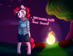 Size: 4500x3500 | Tagged: safe, artist:packy paca, derpibooru import, pinkie pie, pony, semi-anthro, blushing, campfire, clothes, image, looking at you, png, solo, standing, talking, text