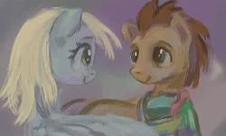 Size: 2000x1210 | Tagged: safe, artist:mandumustbasukanemen, derpibooru import, derpy hooves, doctor whooves, time turner, earth pony, pegasus, pony, abstract background, clothes, duo, female, image, jpeg, looking at each other, love, male, mare, scarf, smiling, smiling at each other, stallion, standing