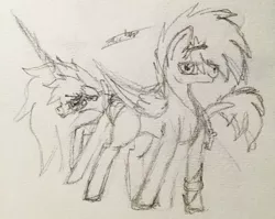 Size: 2381x1896 | Tagged: safe, artist:beamybutt, derpibooru import, oc, unofficial characters only, pegasus, pony, unicorn, duo, horn, image, jpeg, lineart, pegasus oc, signature, smiling, traditional art, unicorn oc, wings