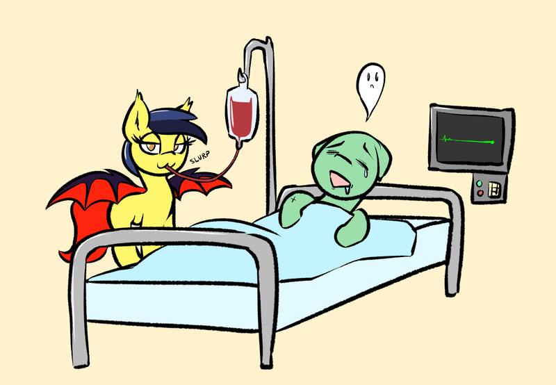 Size: 1300x900 | Tagged: safe, artist:lyrabop, derpibooru import, oc, oc:cheeseblood, unofficial characters only, bat pony, ghost, pony, undead, bat pony oc, bat wings, bed, blood, blood pack, death, drinking, duo, female, heart rate monitor, image, mattress, png, simple background, spread wings, sucking blood, wings