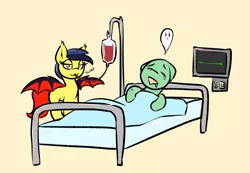 Size: 1300x900 | Tagged: safe, artist:lyrabop, derpibooru import, oc, oc:cheeseblood, unofficial characters only, bat pony, ghost, pony, undead, bat pony oc, bat wings, bed, blood, blood pack, death, drinking, duo, female, heart rate monitor, image, mattress, png, simple background, spread wings, sucking blood, wings
