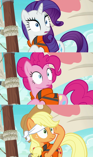 Size: 1280x2160 | Tagged: safe, derpibooru import, edit, screencap, applejack, pinkie pie, rarity, ppov, blindfold, comparison, image, lifejacket, looking back, png, sailboat, surprised