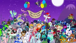 Size: 1280x720 | Tagged: artist needed, safe, artist:dirtpecker, derpibooru import, kirin oc, oc, oc:frost flare, oc:shell watch, oc:solar gizmo, unofficial characters only, bird, kirin, toucan, collaboration, flying, hat, image, png, scenery, top hat