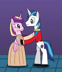 Size: 1280x1481 | Tagged: safe, artist:platinumdrop, derpibooru import, princess cadance, shining armor, pony, unicorn, bipedal, clothes, dancing, dress, duo, female, image, jpeg, male, request, uniform