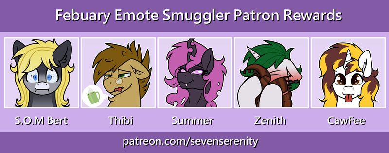 Size: 3572x1407 | Tagged: safe, artist:sevenserenity, derpibooru import, oc, oc:crashing thunder, oc:thistle down, oc:zenith night, changeling, earth pony, pegasus, pony, unicorn, :p, blushing, changeling oc, clothes, coffee, emotes, image, jim face, mug, patreon, patreon reward, piercing, png, scarf, speech bubble, tongue out