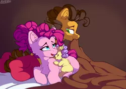 Size: 2048x1448 | Tagged: safe, artist:avery-valentine, derpibooru import, cheese sandwich, li'l cheese, pinkie pie, earth pony, pony, the last problem, baby, baby pony, bed, cheesepie, father and child, father and daughter, female, image, jpeg, male, mother and child, mother and daughter, offspring, older, older cheese sandwich, older pinkie pie, parent, parent:cheese sandwich, parent:pinkie pie, parents:cheesepie, pillow, pinkamena diane pie, shipping, sleeping, straight
