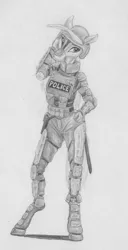 Size: 2174x4232 | Tagged: safe, artist:joestick, derpibooru import, oc, unofficial characters only, anthro, earth pony, armor, female, helmet, image, jpeg, knee pads, mask, monochrome, police, police pony, pouch, swat, traditional art