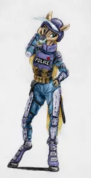 Size: 2174x4232 | Tagged: safe, artist:joestick, derpibooru import, editor:vedont, oc, unofficial characters only, anthro, earth pony, armor, colored, female, helmet, image, jpeg, knee pads, mask, police, police pony, pouch, swat