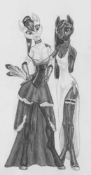 Size: 2222x4268 | Tagged: safe, artist:joestick, derpibooru import, oc, unofficial characters only, anthro, earth pony, accessories, choker, christmas, christmas stocking, clothes, female, gloves, holiday, image, jpeg, monochrome, peacock feathers, socks, thigh highs, traditional art