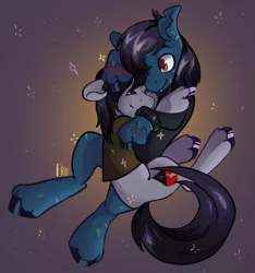 Size: 2048x2186 | Tagged: safe, artist:frost, derpibooru import, oc, ponified, ponified:kellin quinn, ponified:oliver sykes, earth pony, pony, undead, unicorn, zombie, zombie pony, bring me the horizon, clothes, commission, disguise, disguised siren, fangs, gay, hug, image, long sleeves, male, png, shipping, shirt, sleeping with sirens, stallion, t-shirt, tattoo, unshorn fetlocks, ych result